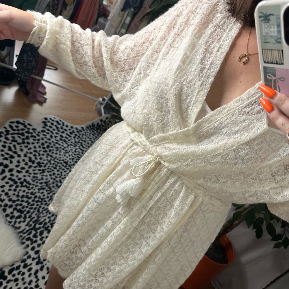 Free People Lace Sheer Long Sleeve Mini Dress Cream Size Small - Picture 3 of 6